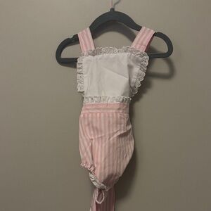 TBBC pink striped sunsuit 6-12 monthPink and White Striped Romper with Lace Trim